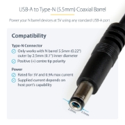 Picture of StarTech.com USB to 5.5mm Power Cable - Type N Barrel - 1m