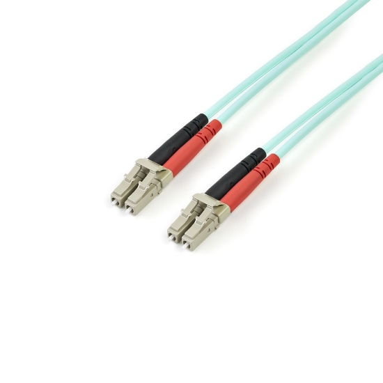 Picture of StarTech.com 3m (10ft) LC/UPC to LC/UPC OM3 Multimode Fiber Optic Cable, Full Duplex 50/125µm Zipcord Fiber Cable, 100G, Low Insertion Loss, LSZH Fiber Jumper Cord
