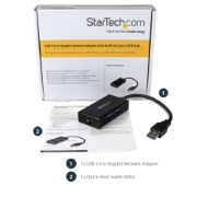 Picture of StarTech.com USB to Ethernet Adapter, USB 3.0 to 10/100/1000 Gigabit Ethernet LAN Converter for Laptops, 11.8in/30cm Attached Cable, USB to RJ45 Adapter, NIC Adapter, USB Network Adapter