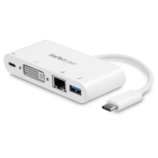 Picture of StarTech.com USB C Multiport Adapter - USB-C to DVI-D (Digital) Video Adapter with 60W Power Delivery Passthrough Charging, GbE, USB-A - Portable USB Type-C/Thunderbolt 3 Mini Laptop Dock