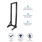Picture of StarTech.com 2-Post 42U Mobile Open Frame Server Rack, Two Post 19in Network Rack with Wheels, Rolling Open Rack for AV/Data/Media/IT Equipment, Computer Rack for Home/Office Spaces - Casters Included