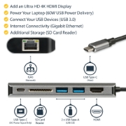 Picture of StarTech.com USB C Multiport Adapter, Portable USB-C Dock to 4K HDMI, 2-pt USB 3.0 Hub, SD/SDHC, GbE, 60W PD Pass-Through - USB Type-C/Thunderbolt 3 - REPLACED BY DKT30CHSDPD1