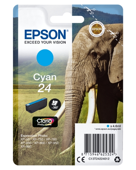 Picture of Epson Elephant Singlepack Cyan 24 Claria Photo HD Ink