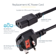 Picture of StarTech.com 10ft (3m) UK Computer Power Cable, 18AWG, BS 1363 to C13, 10A 250V, Black Replacement AC Power Cord, Kettle Lead / UK Power Cord, PC Power Supply Cable, TV/Monitor Power Cable