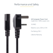 Picture of StarTech.com 10ft (3m) UK Computer Power Cable, 18AWG, BS 1363 to C13, 10A 250V, Black Replacement AC Power Cord, Kettle Lead / UK Power Cord, PC Power Supply Cable, TV/Monitor Power Cable