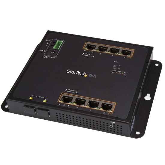 Picture of StarTech.com Industrial 8 Port Gigabit PoE+ Switch w/2 SFP MSA Slots - 30W - Layer/L2 Switch Hardened GbE Managed - Rugged High Power Gigabit Ethernet Network Switch IP-30/-40 C to 75 C