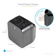 Picture of StarTech.com Dual-port USB wall charger - international travel - 17W/3.4A - black