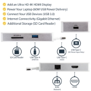 Picture of StarTech.com USB-C Multiport Adapter - SD (UHS-II) Card Reader - 100W Power Delivery - 4K HDMI - GbE - 1x USB 3.0