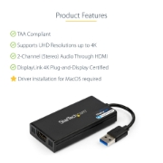 Picture of StarTech.com USB 3.0 to HDMI Adapter - 4K 30Hz Ultra HD - DisplayLink Certified - USB Type-A to HDMI Display Adapter Converter for Monitor - External Video & Graphics Card - Mac & Windows