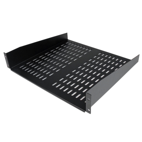 Picture of StarTech.com 2U Server Rack Shelf - Universal Vented Rack Mount Cantilever Tray for 19" Network Equipment Rack & Cabinet - Heavy Duty Steel - Weight Capacity 50lb/23kg - 16" Deep Shelf, Black