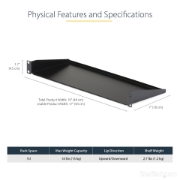 Picture of StarTech.com 1U Server Rack Shelf - Universal Rack Mount Cantilever Shelf for 19" Network Equipment Rack & Cabinet - Heavy Duty Steel – Weight Capacity 33lb/15kg - 7" Deep Tray, Black