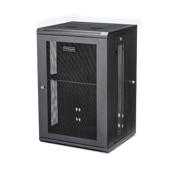 Picture of StarTech.com 4-Post 18U Wall Mount Network Cabinet with 1U Shelf, 19" Hinged Wall-Mounted Server Rack for Data / AV / Electronics / Computer Equipment, Flexible Vented Rack Enclosure