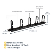 Picture of StarTech.com 1U 19" Cable Management Organizer - D Ring Hook Network/Server Rack Cord Manager - Data Center Horizontal Wire Panel with Passthrough Holes w/Mounting HW - EIA/ECA-310-E