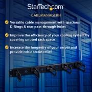 Picture of StarTech.com 1U 19" Cable Management Organizer - D Ring Hook Network/Server Rack Cord Manager - Data Center Horizontal Wire Panel with Passthrough Holes w/Mounting HW - EIA/ECA-310-E