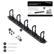 Picture of StarTech.com 1U 19" Cable Management Organizer - D Ring Hook Network/Server Rack Cord Manager - Data Center Horizontal Wire Panel with Passthrough Holes w/Mounting HW - EIA/ECA-310-E