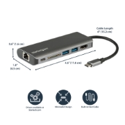 Picture of StarTech.com USB C Multiport Adapter - USB-C Travel Dock to 4K HDMI, 3x USB 3.0 Hub, SD/SDHC, GbE, 60W PD 3.0 Pass-Through - USB Type-C/Thunderbolt 3 - Replaces DKT30CSDHPD