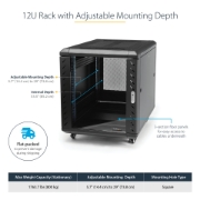 Picture of StarTech.com 4-Post 12U Server Rack Cabinet, Lockable 19" Data Rack Cabinet for Computer / AV / IT Equipment, Office / Home Network Rack with Casters & Adjustable Mounting Rails
