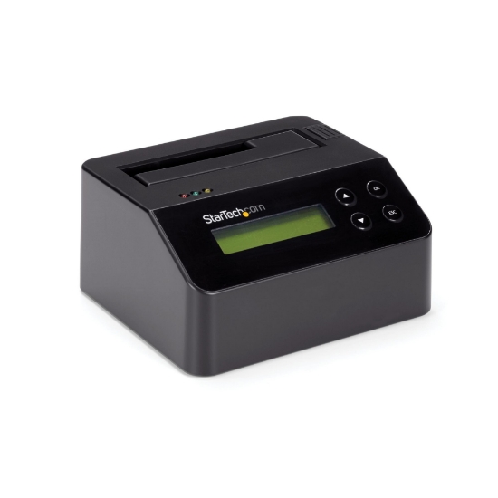 Picture of StarTech.com Single Bay Hard Drive Eraser, Standalone HDD/SSD Sanitizer, 4Kn, USB 3.0 to SATA III (6 Gbps), 9 Erase Modes, LCD Display, Secure Erase Hard Disk Sanitizer Dock, DB-9 Printer Port, TAA Compliant
