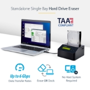 Picture of StarTech.com Single Bay Hard Drive Eraser, Standalone HDD/SSD Sanitizer, 4Kn, USB 3.0 to SATA III (6 Gbps), 9 Erase Modes, LCD Display, Secure Erase Hard Disk Sanitizer Dock, DB-9 Printer Port, TAA Compliant