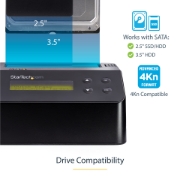 Picture of StarTech.com Single Bay Hard Drive Eraser, Standalone HDD/SSD Sanitizer, 4Kn, USB 3.0 to SATA III (6 Gbps), 9 Erase Modes, LCD Display, Secure Erase Hard Disk Sanitizer Dock, DB-9 Printer Port, TAA Compliant