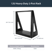 Picture of StarTech.com 2-Post 12U Heavy-Duty Desktop Server Rack, Small Open Frame 19in Computer Rack, Compact Network Rack for AV / Studio / Data / IT Equipment, TAA Compliant - Free Standing Two-Post Home/Office Rack