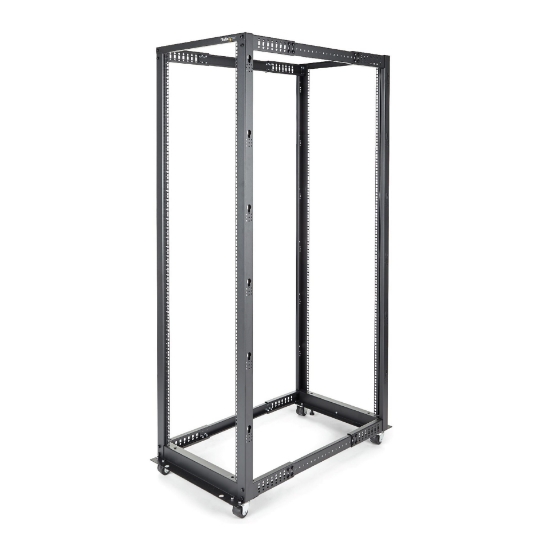 Picture of StarTech.com 4-Post 42U Mobile Open Frame Server Rack, Four Post 19" Network Rack with Wheels, Rolling Rack with Adjustable Depth for Computer/AV/Data/IT Equipment - Casters, Leveling Feet or Floor Mounting
