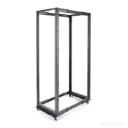 Picture of StarTech.com 4-Post 42U Mobile Open Frame Server Rack, Four Post 19" Network Rack with Wheels, Rolling Rack with Adjustable Depth for Computer/AV/Data/IT Equipment - Casters, Leveling Feet or Floor Mounting