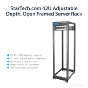 Picture of StarTech.com 4-Post 42U Mobile Open Frame Server Rack, Four Post 19" Network Rack with Wheels, Rolling Rack with Adjustable Depth for Computer/AV/Data/IT Equipment - Casters, Leveling Feet or Floor Mounting