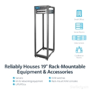 Picture of StarTech.com 4-Post 42U Mobile Open Frame Server Rack, Four Post 19" Network Rack with Wheels, Rolling Rack with Adjustable Depth for Computer/AV/Data/IT Equipment - Casters, Leveling Feet or Floor Mounting