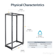Picture of StarTech.com 4-Post 42U Mobile Open Frame Server Rack, Four Post 19" Network Rack with Wheels, Rolling Rack with Adjustable Depth for Computer/AV/Data/IT Equipment - Casters, Leveling Feet or Floor Mounting