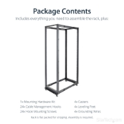 Picture of StarTech.com 4-Post 42U Mobile Open Frame Server Rack, Four Post 19" Network Rack with Wheels, Rolling Rack with Adjustable Depth for Computer/AV/Data/IT Equipment - Casters, Leveling Feet or Floor Mounting