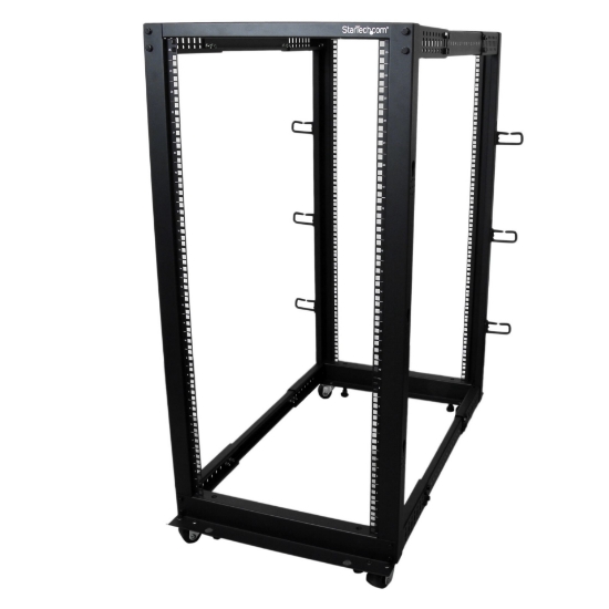 Picture of StarTech.com 4-Post 25U Mobile Open Frame Server Rack, Four Post 19in Network Rack with Wheels, Rolling Rack with Adjustable Depth for Computer/AV/Data/IT Equipment - Casters, Leveling Feet or Floor Mounting
