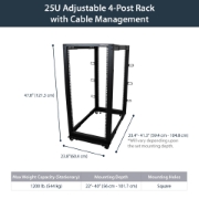 Picture of StarTech.com 4-Post 25U Mobile Open Frame Server Rack, Four Post 19in Network Rack with Wheels, Rolling Rack with Adjustable Depth for Computer/AV/Data/IT Equipment - Casters, Leveling Feet or Floor Mounting