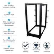 Picture of StarTech.com 4-Post 25U Mobile Open Frame Server Rack, Four Post 19in Network Rack with Wheels, Rolling Rack with Adjustable Depth for Computer/AV/Data/IT Equipment - Casters, Leveling Feet or Floor Mounting