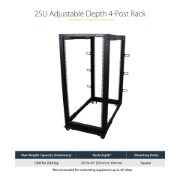 Picture of StarTech.com 4-Post 25U Mobile Open Frame Server Rack, Four Post 19in Network Rack with Wheels, Rolling Rack with Adjustable Depth for Computer/AV/Data/IT Equipment - Casters, Leveling Feet or Floor Mounting