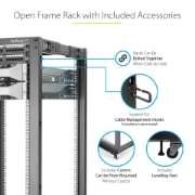 Picture of StarTech.com 4-Post 25U Mobile Open Frame Server Rack, Four Post 19in Network Rack with Wheels, Rolling Rack with Adjustable Depth for Computer/AV/Data/IT Equipment - Casters, Leveling Feet or Floor Mounting