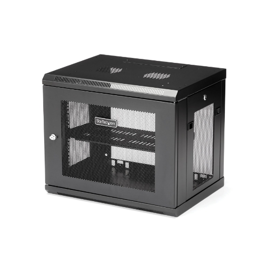 Picture of StarTech.com 2-Post 9U Wall Mount Network Cabinet with 1U Shelf, 19" Wall-Mounted Server Rack for Data / Networking / AV / Electronics / Computer Equipment, Small Vented Rack Enclosure