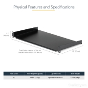 Picture of StarTech.com 1U Fixed Server Rack Mount Shelf - 10in Deep Steel Universal Cantilever Tray for 19" AV/ Network Equipment Rack - Heavy Duty Steel - Weight Capacity 44lbs/20kg, Black