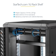 Picture of StarTech.com 1U Fixed Server Rack Mount Shelf - 10in Deep Steel Universal Cantilever Tray for 19" AV/ Network Equipment Rack - Heavy Duty Steel - Weight Capacity 44lbs/20kg, Black