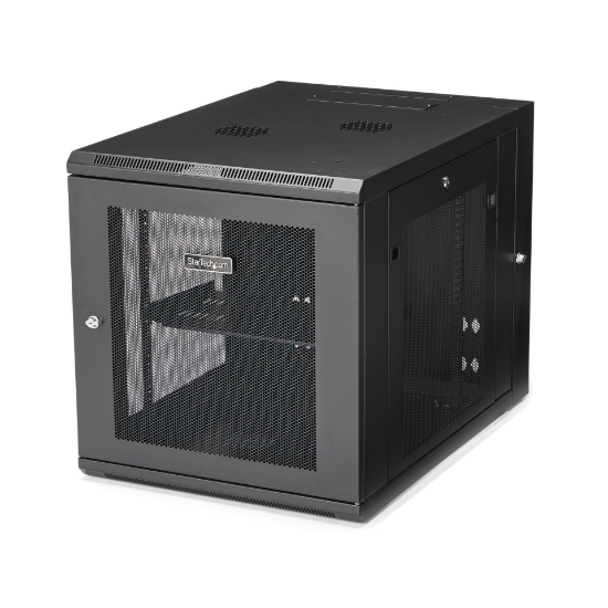 Picture of StarTech.com 4-Post 12U Wall Mount Network Cabinet with 1U Shelf, 19" Hinged Wall-Mounted Server Rack for Data / AV / Electronics / Computer Equipment, Flexible Vented Rack Enclosure