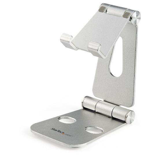 Picture of StarTech.com Phone and Tablet Stand - Foldable Universal Mobile Device Holder for Smartphones & Tablets - Adjustable Multi-Angle Ergonomic Cell Phone Stand for Desk - Portable - Silver