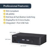 Picture of StarTech.com 2 Port DisplayPort KVM Switch - 4K 60Hz - Single Display - Dual Port UHD DP 1.2 USB KVM Switch with Integrated USB 3.0 Hub & Audio - Dell HP Apple Lenovo - TAA Compliant