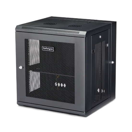 Picture of StarTech.com 4-Post 12U Wall Mount Network Cabinet with 1U Shelf, 19" Hinged Wall-Mounted Server Rack for Data / AV / Electronics / Computer Equipment, Flexible Vented Rack Enclosure