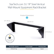 Picture of StarTech.com 3U 19” Wall Mount Vertical Rack Bracket, Wall Mount Patch Panel Bracket for Data/AV/IT/Computer Equipment, 3U Rack for Cabinet or Server Room, Supports 150lb (68kg) Capacity