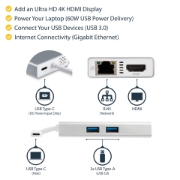 Picture of StarTech.com USB-C Multiport Adapter - USB-C Travel Docking Station w/ 4K HDMI - 60W Power Delivery Pass-Through, GbE, 2pt USB-A 3.0 Hub - Portable Mini USB Type-C Dock for Laptop - White