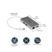 Picture of StarTech.com USB-C Multiport Adapter - USB-C Travel Docking Station w/ 4K HDMI - 60W Power Delivery Pass-Through, GbE, 2pt USB-A 3.0 Hub - Portable Mini USB Type-C Dock for Laptop - White