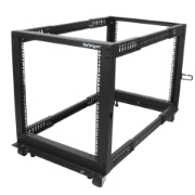 Picture of StarTech.com 4-Post 12U Mobile Open Frame Server Rack, Four Post 19" Network Rack with Wheels, Rolling Rack with Adjustable Depth for Computer/AV/Data/IT Equipment - Casters, Leveling Feet or Floor Mounting