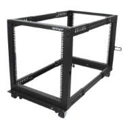 Picture of StarTech.com 4-Post 12U Mobile Open Frame Server Rack, Four Post 19" Network Rack with Wheels, Rolling Rack with Adjustable Depth for Computer/AV/Data/IT Equipment - Casters, Leveling Feet or Floor Mounting