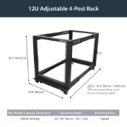 Picture of StarTech.com 4-Post 12U Mobile Open Frame Server Rack, Four Post 19" Network Rack with Wheels, Rolling Rack with Adjustable Depth for Computer/AV/Data/IT Equipment - Casters, Leveling Feet or Floor Mounting