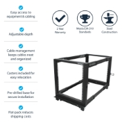 Picture of StarTech.com 4-Post 12U Mobile Open Frame Server Rack, Four Post 19" Network Rack with Wheels, Rolling Rack with Adjustable Depth for Computer/AV/Data/IT Equipment - Casters, Leveling Feet or Floor Mounting